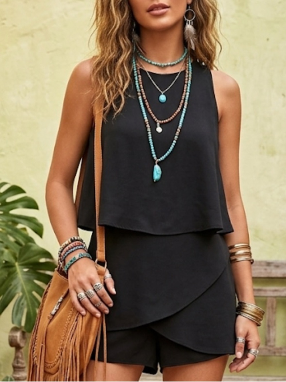 Women's Black Layered Sleeveless Tank Romper